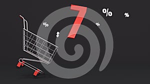 7 percent discount flying out of a shopping cart on a black background. Concept of discounts, black friday, online sales. 3d