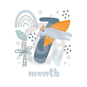 7 seven months Baby boy anniversary card metrics. Baby shower print with cute animal dino, flowers and palm capturing
