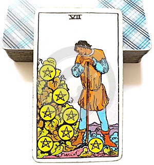 7 Seven of Pentacles Tarot Card Harvest Time Rewards Results Profit Payouts Dividends Shares Bonus