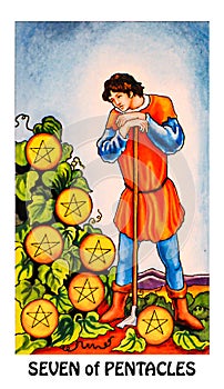 7 Seven of Pentacles Tarot Card Harvest Time Rewards Results Profit Payouts Dividends Shares Bonus