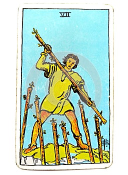 7 Seven of Wands Tarot Card Challenges Opposition Enemies Rivalry Competition Gritty Determination Tenacity Stamina