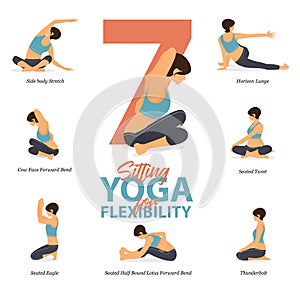 7 Sitting Yoga poses for Easy yoga at home in concept of flexibility in flat design.