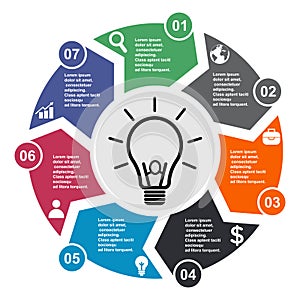 7 step vector element in seven colors with labels, infographic diagram. Business concept of 7 steps or options with bulb