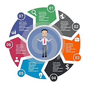 7 step vector element in seven colors with labels, infographic diagram. Business concept of 7 steps or options with businessman