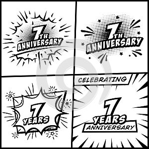 7 years anniversary logo collection. 7th years anniversary celebration comic logotype. Pop art style vector and illustration.