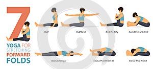 7 Yoga poses or asana posture for workout in forward fold concept. Women exercising for body stretching. Fitness infographic.