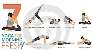 7 Yoga poses or asana posture for workout in morning fresh concept. Women exercising for body stretching. Fitness infographic.