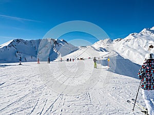 70% black slope view in winter in resort Ladis, Fiss, Serfaus in ski resort in Tyrol