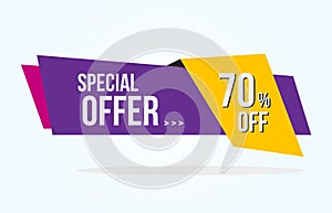 70% Discount Tag with Special Offer Ribbon. Sale Label with Advertisement Offer Design Template