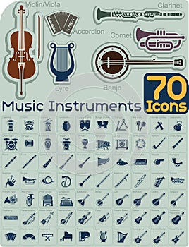 70 Music Instruments Icons Vector Set