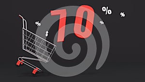 70 percent discount flying out of a shopping cart on a black background. Concept of discounts, black friday, online sales. 3d