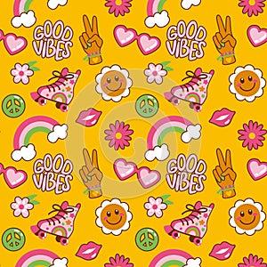 70\'s hippie print. Peace symbol, smiling flowers, roller skates