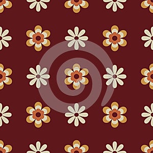 70 s seamless pattern. Retro flower geometric seamless background in seventies style. Groovy scrapbook paper. Yellow, beige, brown