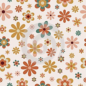 70 s seamless pattern. Retro flower seamless background in seventies style. Groovy scrapbook paper. Yellow, orange, brown, green