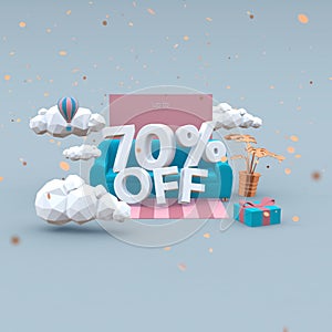70 Seventy percent off 3d-illustration in cartoon style. Sale concept.