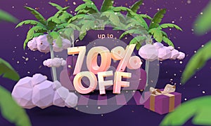 70 Seventy percent off 3D illustration in cartoon style. Summer clearance, sale, discount concept