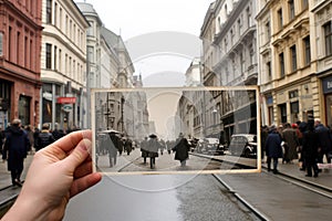 70 Years Later in Comparative Frames Photograph. AI Generated