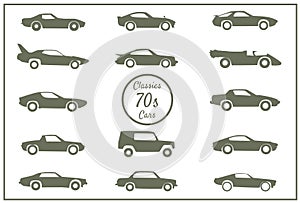 70s cars set icon vintage flat vector illustration