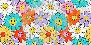 70s groovy seamless pattern with smiling flowers. Colorful psychedelic summer design vector illustration