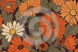 70s-inspired floral wallpaper with large-scale orange and yellow daisies on a brown background