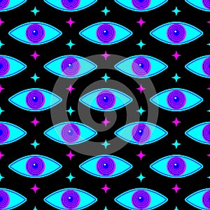 70s psychedelic trippy eye pattern. Acid rave print for graphic tee