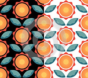 70s retro fashion, geometrical floral seamless pattern. Bright flower, leaf shapes composition in orange, blue palette