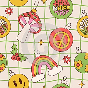 70s Retro Groovy Christmas festive winter holidays seamless pattern. Hippie elements digital paper repeating background