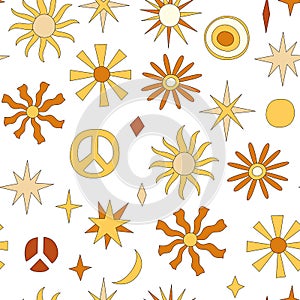 70s retro hippy vector seamless pattern. Groovy vintage repeat pattern with sun, peace sign, stars. Wavy doodle hippie