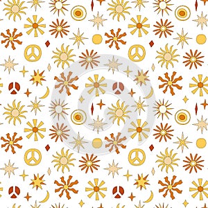 70s retro hippy vector seamless pattern. Groovy vintage repeat pattern with sun, peace sign and stars. Wavy doodle hippie print