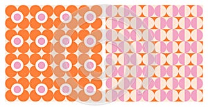 70s Seamless Pattern Pack in Orange and Pink, Daisy Flowers. Groovy Background, Wallpaper, Retro, Vintage, Hand-Drawn