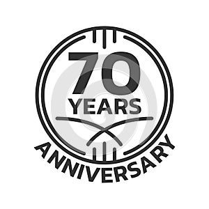 70th Anniversary logo or icon. 70 years round stamp design. Birthday celebrating, jubilee circle badge or label template.