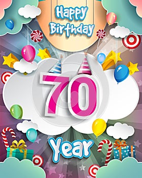 70th Birthday Celebration greeting card Design, with clouds and balloons. Vector elements for anniversary celebration