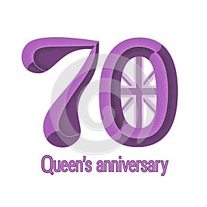 70th Queens anniversary text card. Beveled font numbers for platinum jubilee. Royal holiday