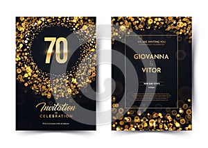 70th years birthday vector black paper luxury invitation double card. Seventy years wedding anniversary celebration