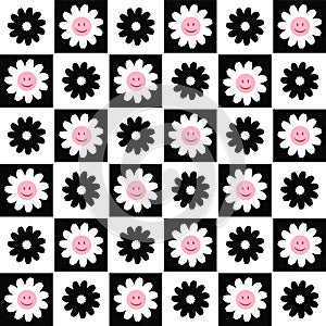 70â€™s checkered seamless daisy pattern with  flowers. Floral hippie vector background.