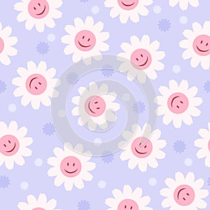 70â€™s cute seamless smiley face daisy pattern with flowers. Floral hippie funky vector background. Perfect for creating fabrics