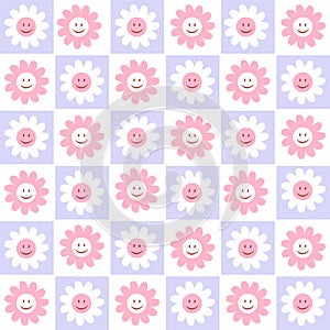 70â€™s cute seamless smiling daisy pattern with flowers. Floral checkered hippie funky vector background.