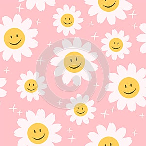 70â€™s cute seamless smiling daisy repeat pattern with flowers. Floral hippie pink pastel vector background.