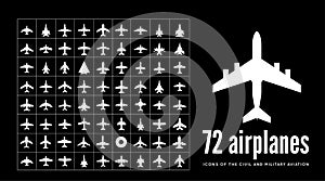 72 civil and military aircraft icons on black background. Vector