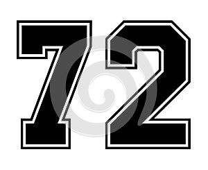 72 Classic Vintage Sport Jersey Number in black number on white background for american football, baseball or basketball