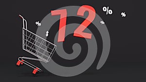 72 percent discount flying out of a shopping cart on a black background. Concept of discounts, black friday, online sales. 3d