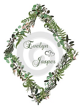 73Vector floral card design. Green fern forest leaves herbs, eucalyptus, brunia, boxwood. Natural botanical Greeting wedding