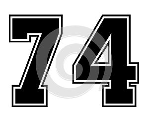 74 Classic Vintage Sport Jersey Number in black number on white background for american football, baseball or basketball