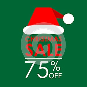 75% off sale. Christmas sale banner and discount design template with Santa Claus hat. Vector illustration