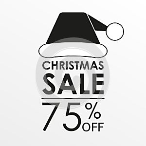 75% off sale. Christmas sale banner and discount design template with Santa Claus hat. Vector illustration.