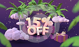 75 Seventy five percent off 3D illustration in cartoon style. Summer clearance, sale, discount concept