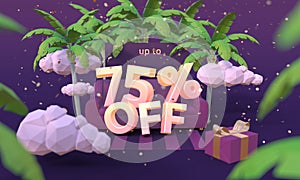 75 Seventy five percent off - 3D illustration in cartoon style. Summer clearance, sale, discount concept