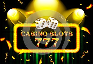 777 casino slots word on banner with green curtains