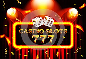 777 casino slots word on banner with red curtains