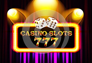 777 casino slots word on banner with violet curtains